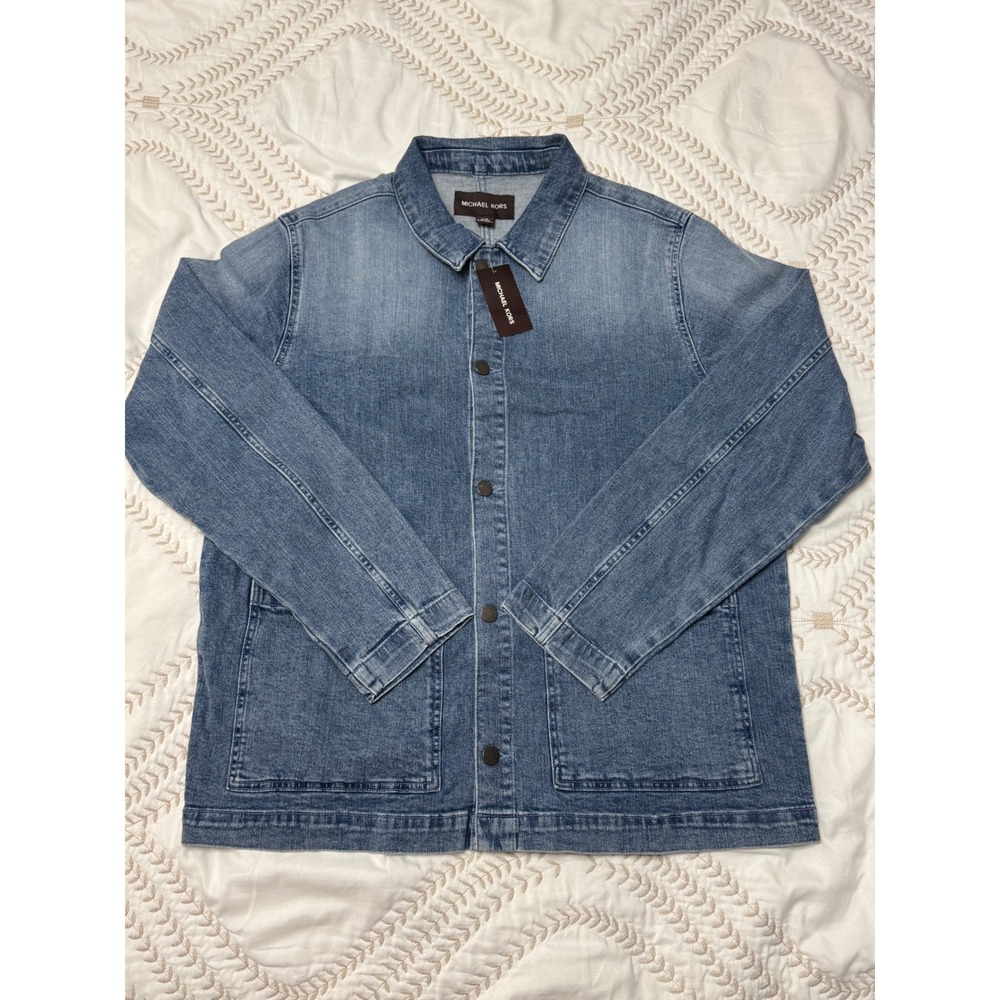 Michael Kors Mens Denim Chore Jacket Medium Wash Blue Button Front NWT L